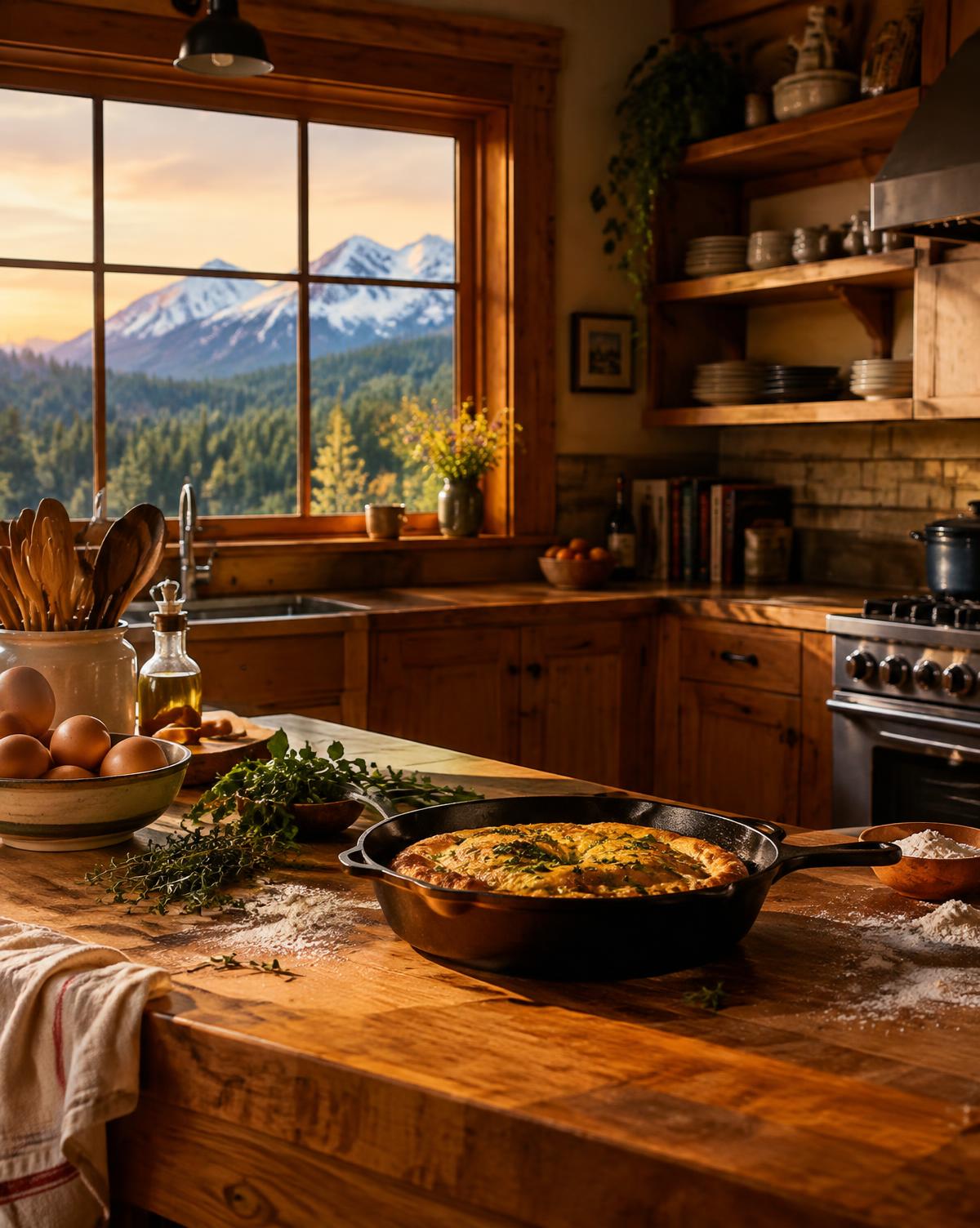 A warm mountain kitchen at golden hour